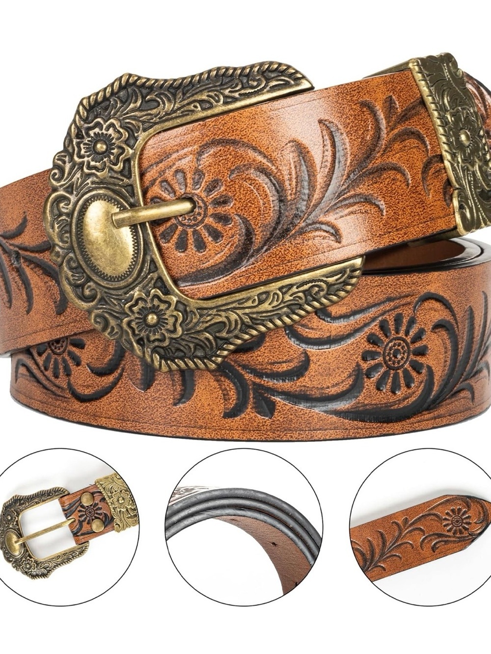 Classic Floral Tooled Tan ñ Belt with Antique Brass Buckle